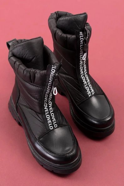 Siyah Önden Fermuarlı Bağcıklı Lüks Kız Çocuk Kar Botu - 2