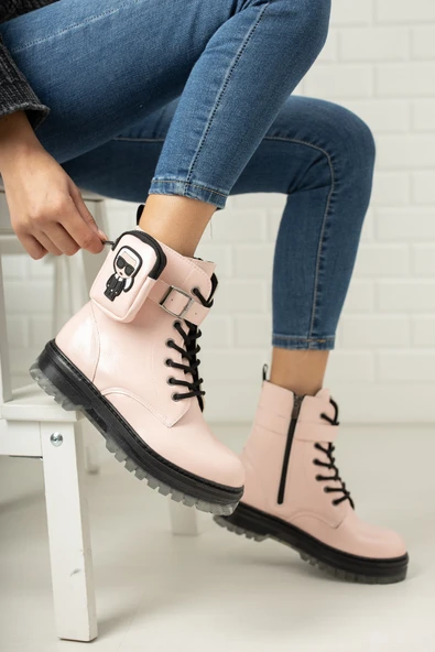 Pembe Kırışık Rugan Fermuarlı Cep Detaylı Kız Çocuk Botu - 2