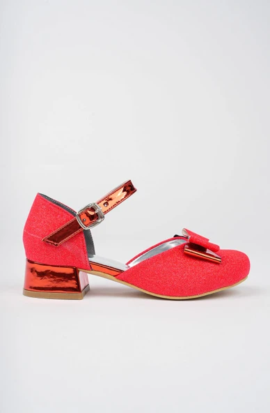 Kız Çocuk Kırmızı Abiye Simli Kum Detaylı Fiyonklu Ayakkabı