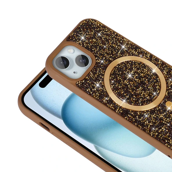 iPhone 15 Plus Kılıf Pırlanta Tasarımlı M-safe Şarj Özellikli Mozaik Silikon Kapak - Resim 6