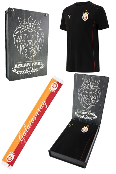 Galatasaray Orijinal Lisanslı Sıfır Yaka Siyah Antrenman 5 Yıldızlı T-Shirt + Şal Kaşkol Set Hediyelik Ahşap Kutulu