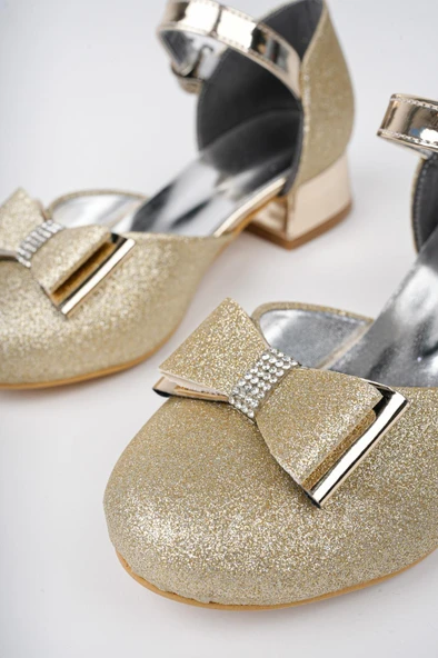 Kız Çocuk Altın Sarısı Abiye Simli Kum Detaylı Fiyonklu Ayakkabı - 3