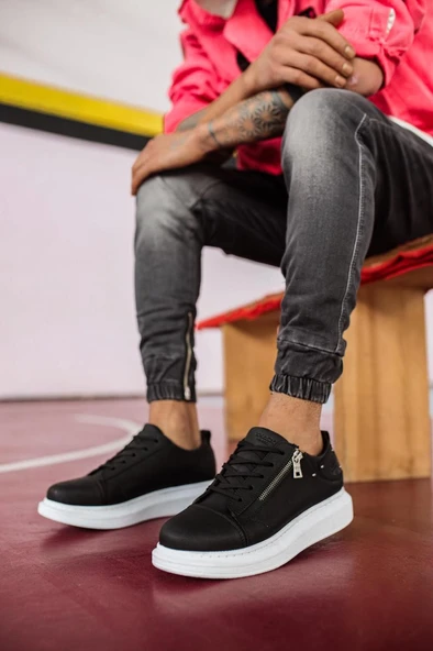 Knack Yüksek Taban Günlük Ayakkabı 555 Siyah (Beyaz Taban) - Resim 5