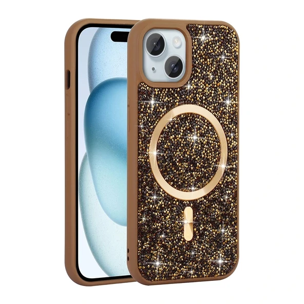 iPhone 15 Plus Kılıf Pırlanta Tasarımlı M-safe Şarj Özellikli Mozaik Silikon Kapak - Resim 2
