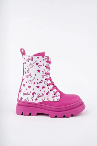 Pembe Beyaz Renkli Barbie Baskılı Fermuarlı Bağcıklı Lüks Kız Çocuk Botu - 3