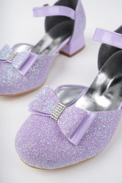 Kız Çocuk Mor Abiye Simli Kum Detaylı Fiyonklu Ayakkabı - 2