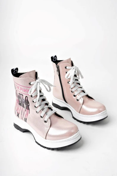 Pudra Kırışık Rugan BlackPink Fermuarlı Kız Çocuk Botu - 2