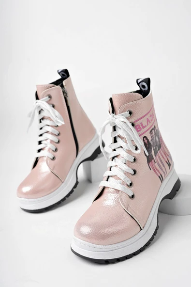 Pudra Kırışık Rugan BlackPink Fermuarlı Kız Çocuk Botu - 3