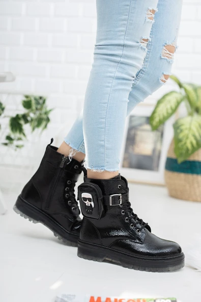Siyah Kırışık Rugan Fermuarlı Cep Detaylı Kız Çocuk Botu - 3
