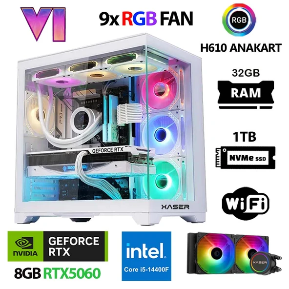 Xaser Sword X160 i5 14400F 32GB Ram 1TB M.2 NVMe SSD 8GB RTX5060 Sıvı Soğutmalı Masaüstü Oyuncu Bilgisayarı ürün görseli