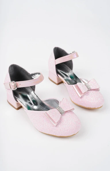 Kız Çocuk Pembe Abiye Simli Kum Detaylı Fiyonklu Ayakkabı - 2