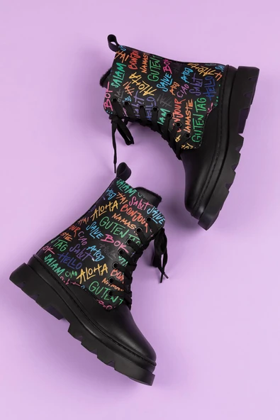 Siyah Renkli Yazılı Fermuarlı Bağcıklı Lüks Kız Çocuk Botu - 3