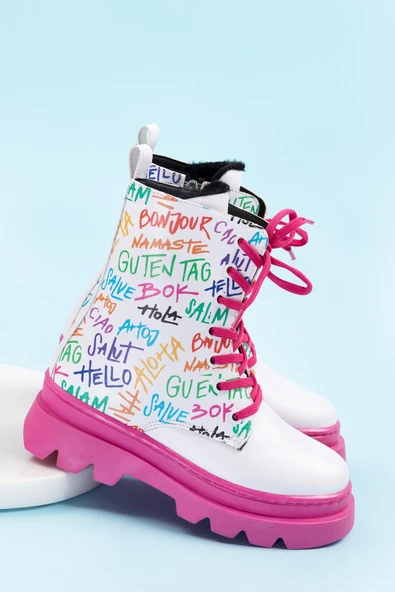 Beyaz Pembe Renkli Yazılı Fermuarlı Bağcıklı Lüks Kız Çocuk Botu - 3