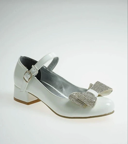 Beyaz Rugan Fiyonk Taşlı Kız Çocuk Abiye - 2