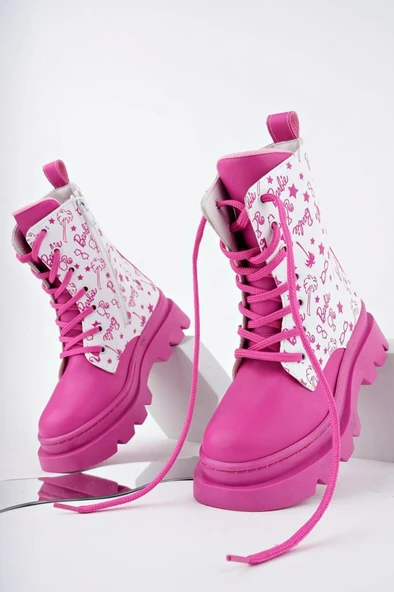 Pembe Beyaz Renkli Barbie Baskılı Fermuarlı Bağcıklı Lüks Kız Çocuk Botu - 2