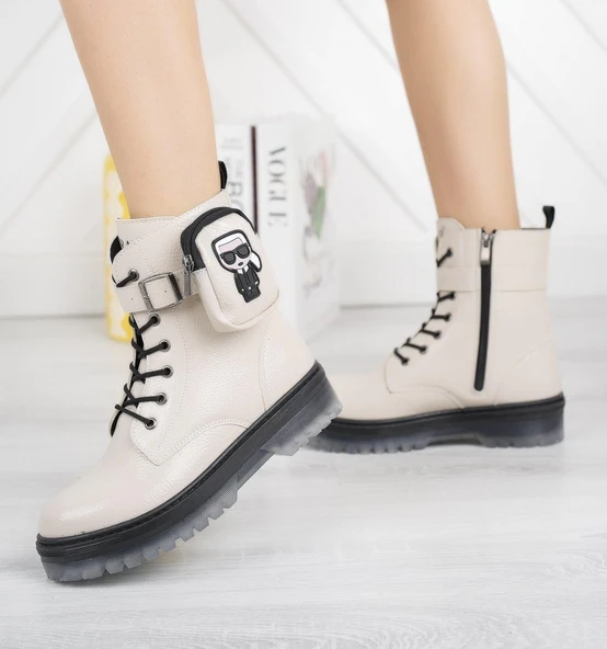 Krem Kırışık Rugan Fermuarlı Cep Detaylı Kız Çocuk Botu - 3