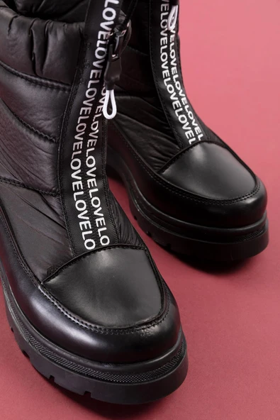 Siyah Önden Fermuarlı Bağcıklı Lüks Kız Çocuk Kar Botu - 3