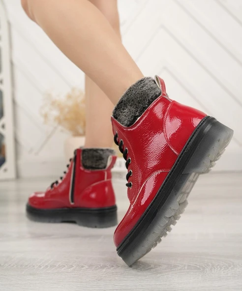 Kırmızı Kırışık Rugan Yünlü Fermuarlı Kız Çocuk Botu - 2