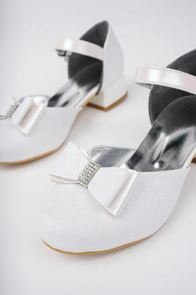 Kız Çocuk Beyaz Abiye Simli Kum Detaylı Fiyonklu Ayakkabı - 3