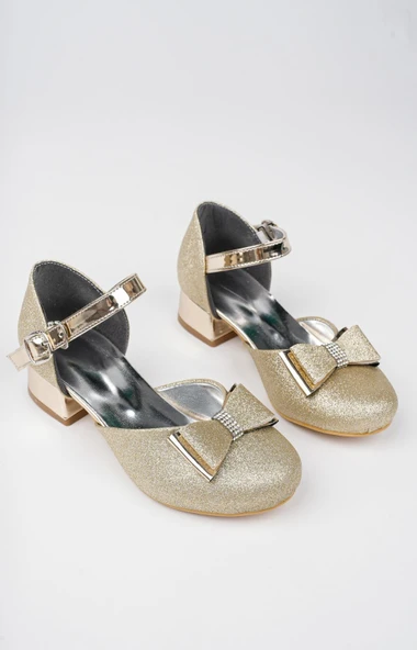 Kız Çocuk Altın Sarısı Abiye Simli Kum Detaylı Fiyonklu Ayakkabı - 2