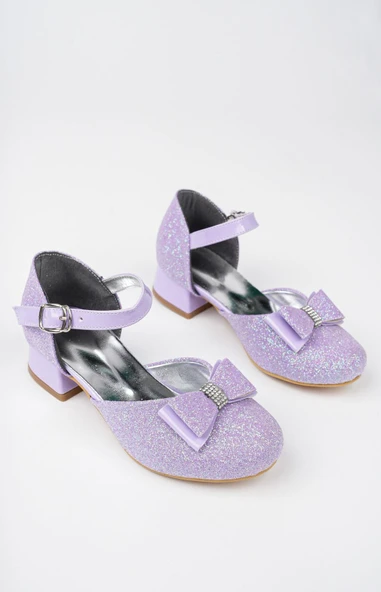 Kız Çocuk Mor Abiye Simli Kum Detaylı Fiyonklu Ayakkabı - 3