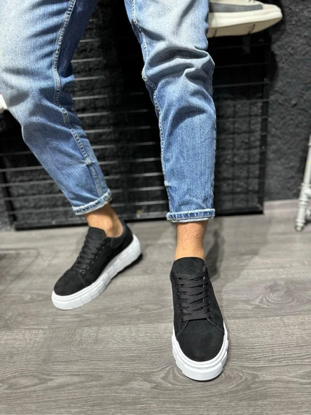 Knack Yüksek Taban Günlük Süet Ayakkabı 144  Siyah (Beyaz Taban) - Resim 3