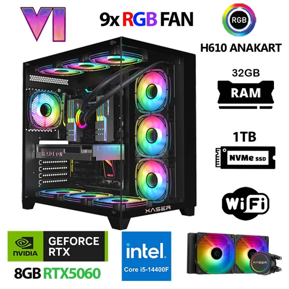 Xaser Sword X170 i5 14400F 32GB Ram 1TB M.2 NVMe SSD 8GB RTX5060 Sıvı Soğutmalı Masaüstü Oyuncu Bilgisayarı ürün görseli