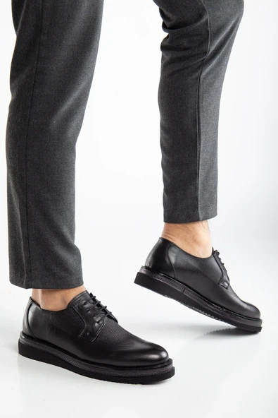 Hakiki Deri Erkek Klasik Ayakkabı Siyah M Model Baskılı Deri Bağlı - Resim 2