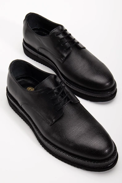 Hakiki Deri Erkek Klasik Ayakkabı Siyah Kalın Taban Bağlı Yüzüdüz ürün görseli