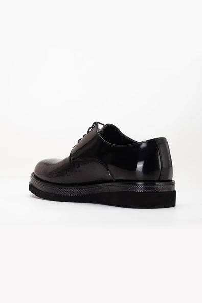 Hakiki Deri Erkek Klasik Ayakkabı Siyah Rugan Kalın Taban Bağlı Yüzüdüz - Resim 5