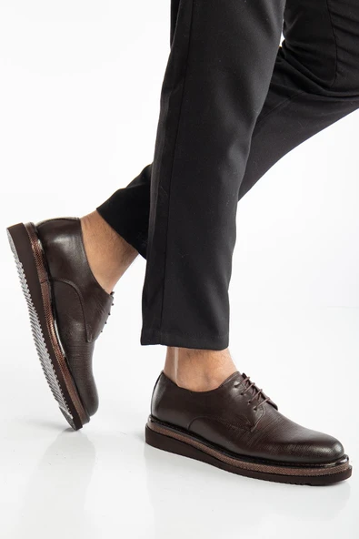 Hakiki Deri Erkek Klasik Ayakkabı Kahve Kalın Taban Bağlı Yüzüdüz - Resim 2