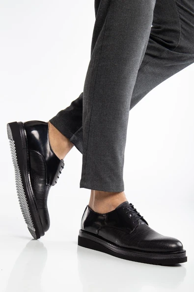 Hakiki Deri Erkek Klasik Ayakkabı Siyah Rugan Kalın Taban Bağlı Yüzüdüz - Resim 2