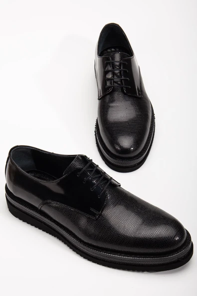 Hakiki Deri Erkek Klasik Ayakkabı Siyah Rugan Kalın Taban Bağlı Yüzüdüz ürün görseli