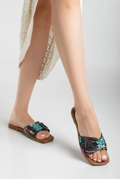 Kadın Düz Topuklu Terlik Siyah Kalın Tek Bantlı Taşlı - Resim 2