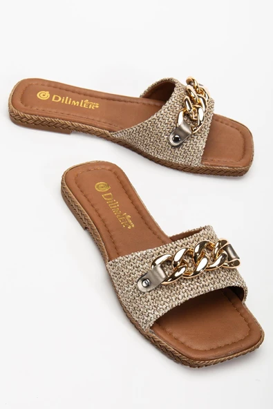 Kadın Düz Topuklu Terlik Vizon Kalın Tek Bant Zincir Aksesuarlı Hasır - Resim 2