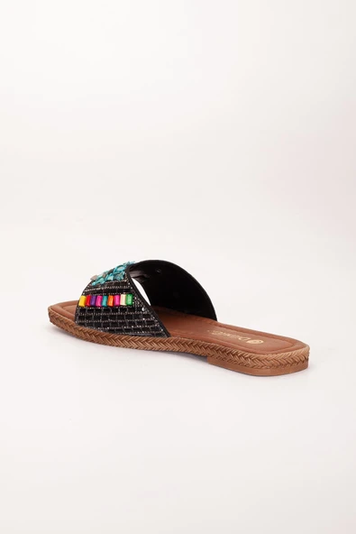 Kadın Düz Topuklu Terlik Siyah Kalın Tek Bantlı Taşlı - Resim 5