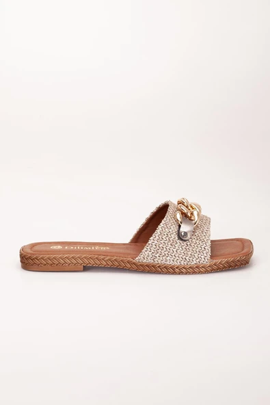 Kadın Düz Topuklu Terlik Vizon Kalın Tek Bant Zincir Aksesuarlı Hasır - Resim 3