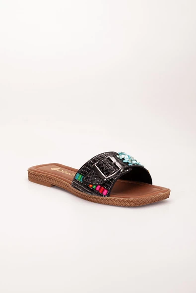 Kadın Düz Topuklu Terlik Siyah Kalın Tek Bantlı Taşlı - Resim 4