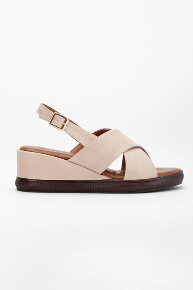Kadın Dolgu Topuk Sandalet Bej Çapraz Bantlı Ortopedik - 3