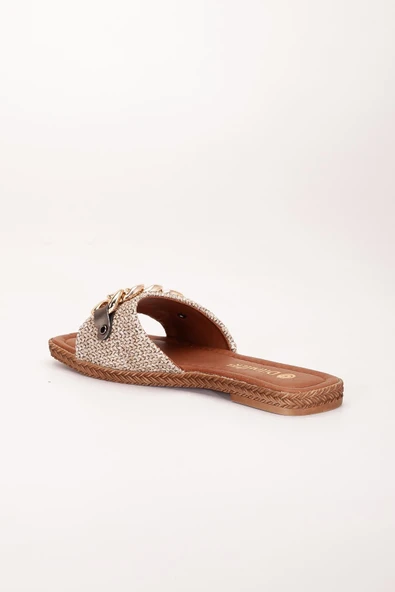 Kadın Düz Topuklu Terlik Vizon Kalın Tek Bant Zincir Aksesuarlı Hasır - Resim 5