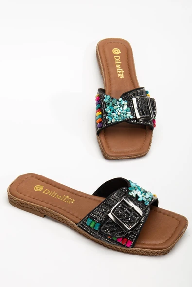 Kadın Düz Topuklu Terlik Siyah Kalın Tek Bantlı Taşlı ürün görseli