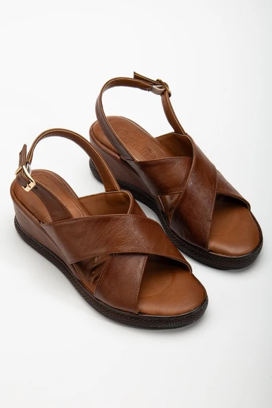 Kadın Dolgu Topuklu Ayakkabı Sandalet Taba Çapraz Bantlı Suni Deri - 2