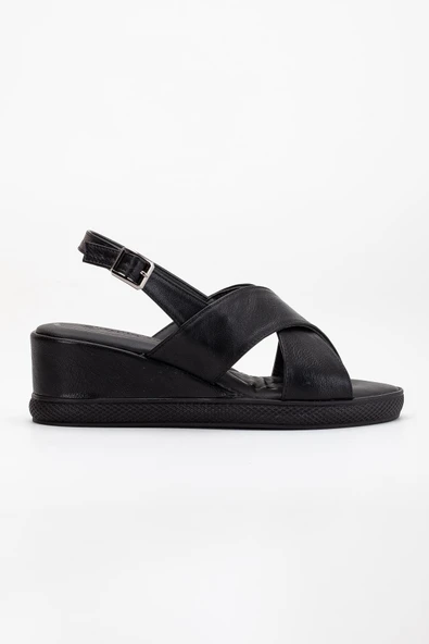 Kadın Dolgu Topuklu Ayakkabı Sandalet Siyah Çapraz Bantlı Suni Deri - Resim 3