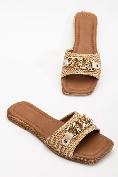 Kadın Düz Topuklu Terlik Bej Kalın Tek Bant Zincir Aksesuarlı Hasır - Resim 2
