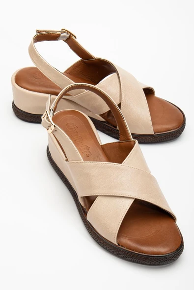Kadın Dolgu Topuklu Ayakkabı Sandalet Bej Çapraz Bantlı Suni Deri - 2