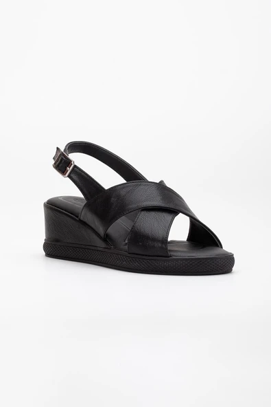 Kadın Dolgu Topuklu Ayakkabı Sandalet Siyah Çapraz Bantlı Suni Deri - Resim 4