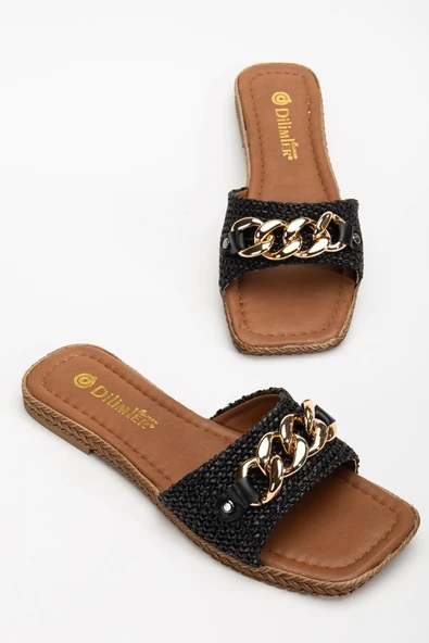 Kadın Düz Topuklu Terlik Siyah Kalın Tek Bant Zincir Aksesuarlı Hasır - Resim 2