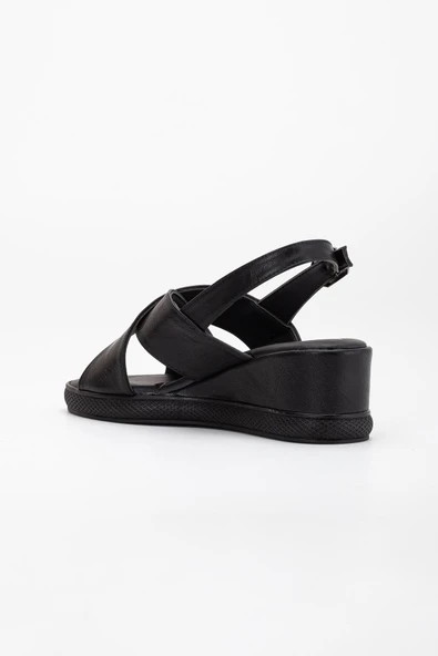 Kadın Dolgu Topuklu Ayakkabı Sandalet Siyah Çapraz Bantlı Suni Deri - Resim 5