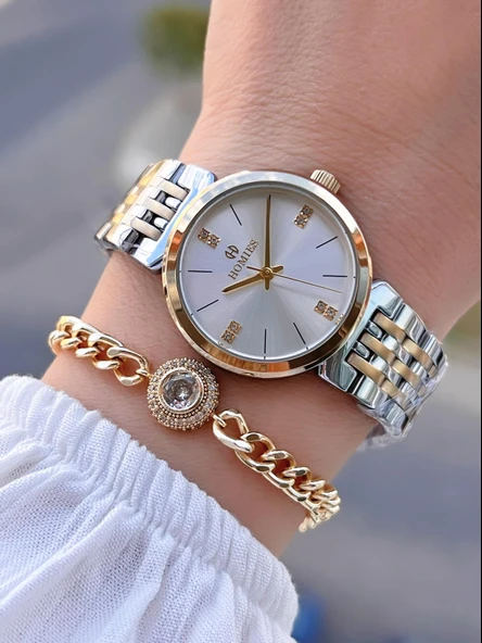 Homies Çelik Kordon 2 Yıl Garantili 30 Mt Suya Dayanıklı Kadın Kol Saati+Bileklik HM.B233240.3