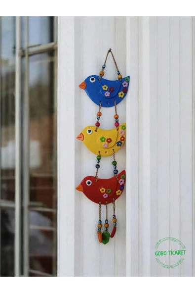 Gobo 3'lü El Boyaması Dekoratif Kuş Duvar ve Balkon Süsü–Boncuklu & İpli-Farklı Renk Seçenekleri 45x12 cm - 2